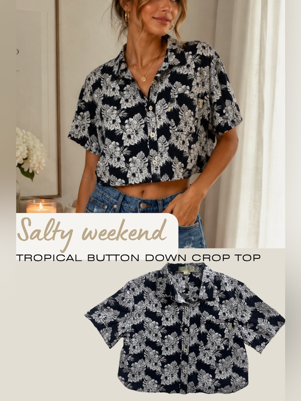 Salty Weekend Black White Floral Tropical Crop Button Up Shirt - Size S